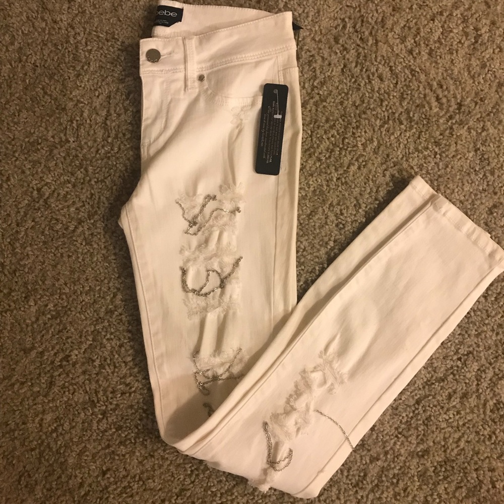 Bebe White Chain Distressed Jeans
